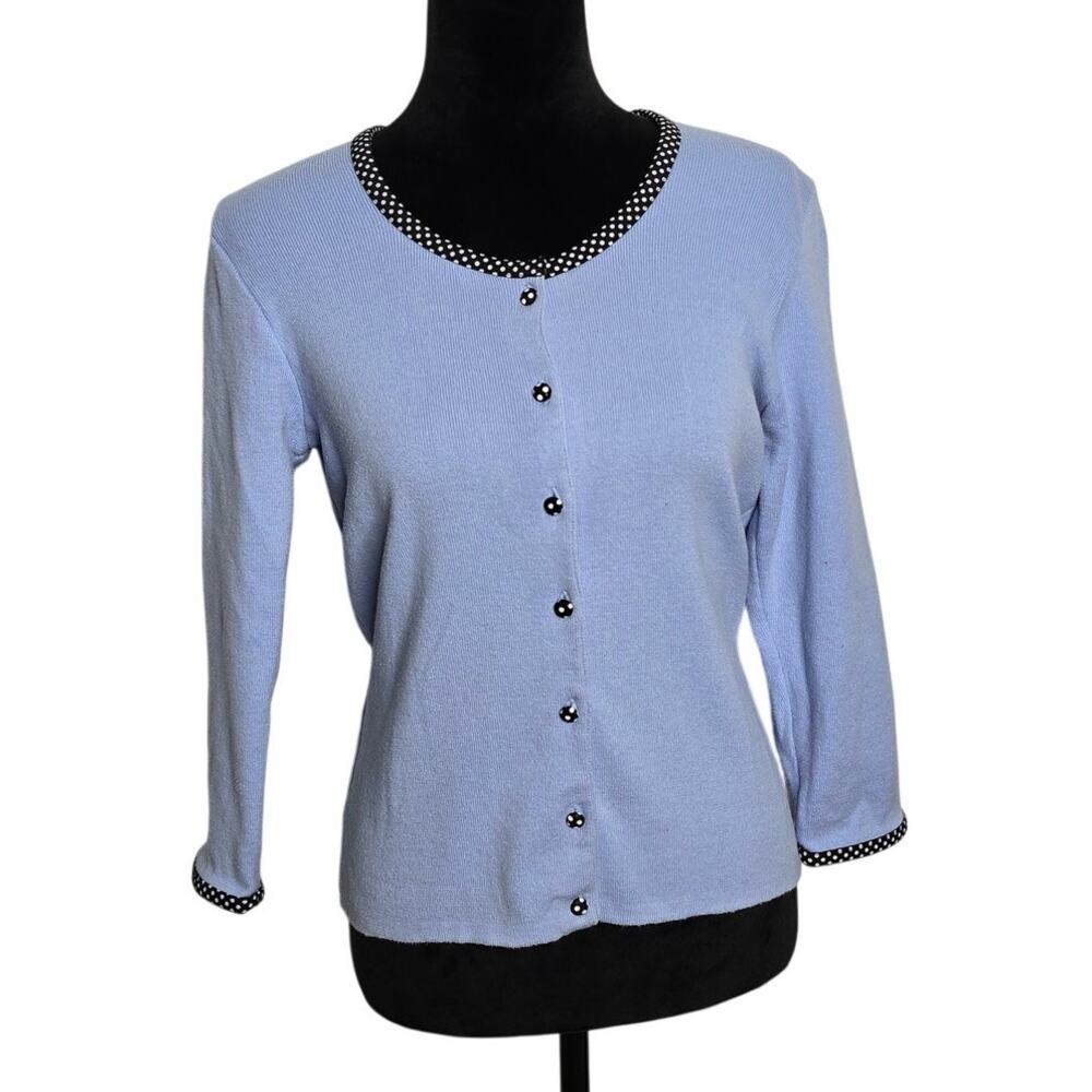 Claudia D Blue Cotton Cardigan Sweater M Polka Dot Trim 3/4 Sleeve